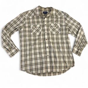Pendleton Western Beige and Blue Plaid Button Down Shirt Size Large